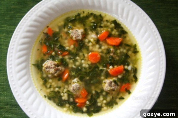 Close-up of easy Italian Wedding Soup recipe, highlighting the broth and texture of ingredients.