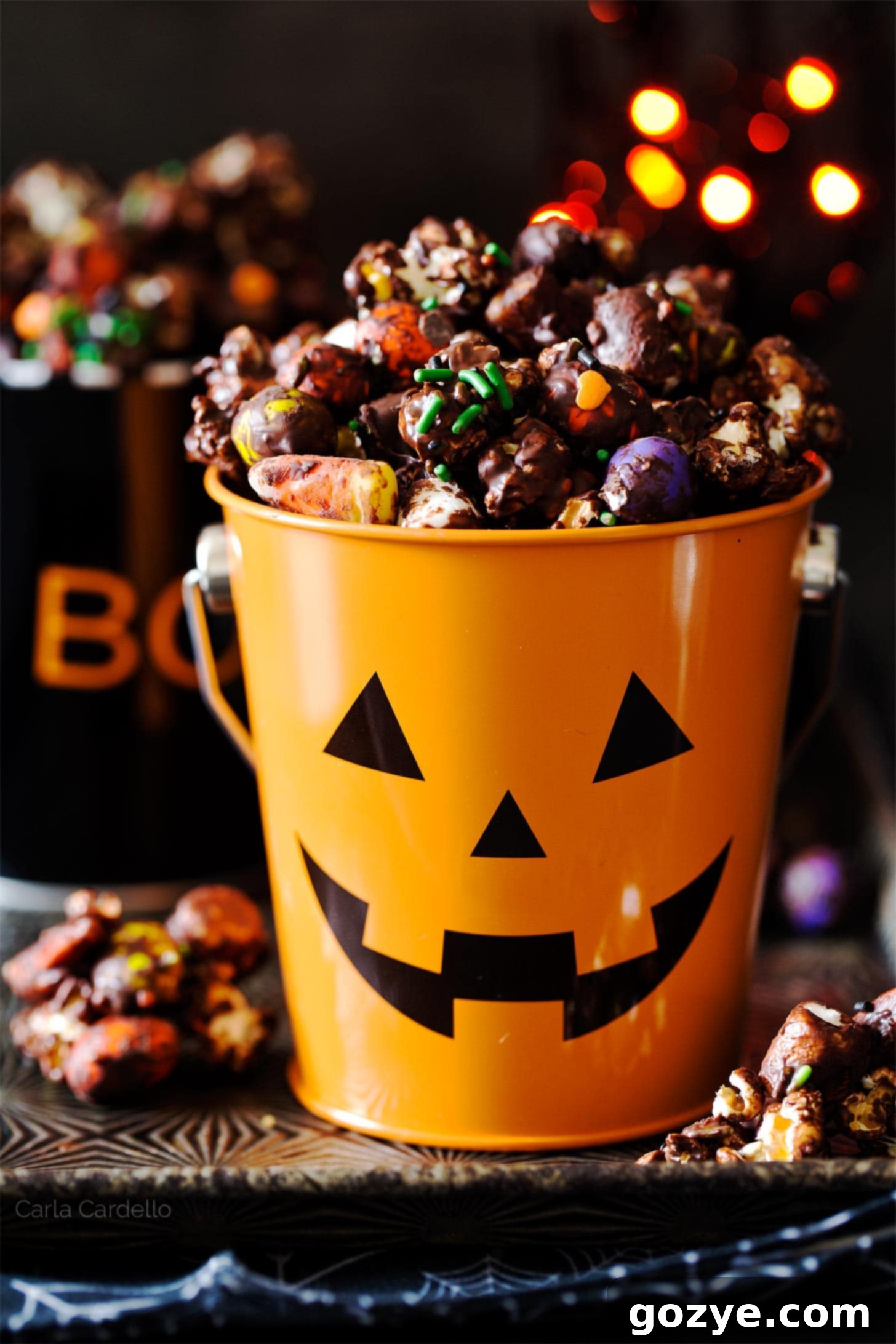 Halloween popcorn in jack o lantern bucket