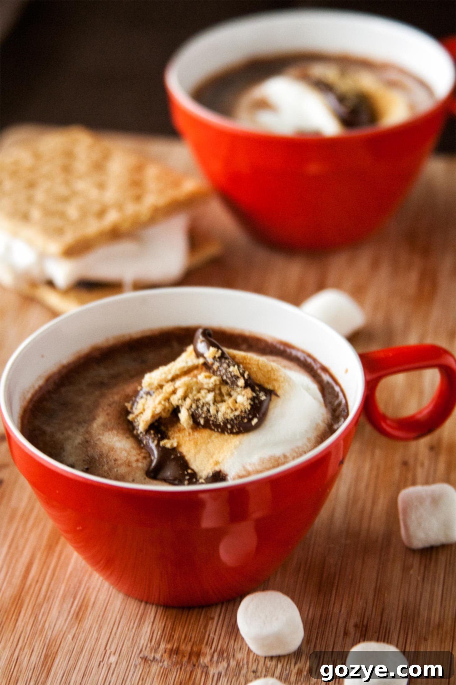 S'mores Hot Chocolate 2 Red cup with smores hot chocolate, garnished with toasted marshmallows