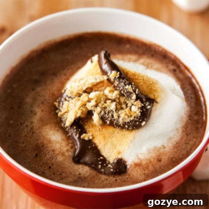 S'mores Hot Chocolate 7 Close up of s'mores hot chocolate with a spoon, showing garnish