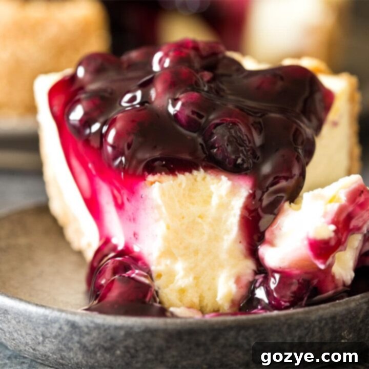 Slice of 7 inch cheesecake with blueberry pie filling and whipped cream, ready to eat