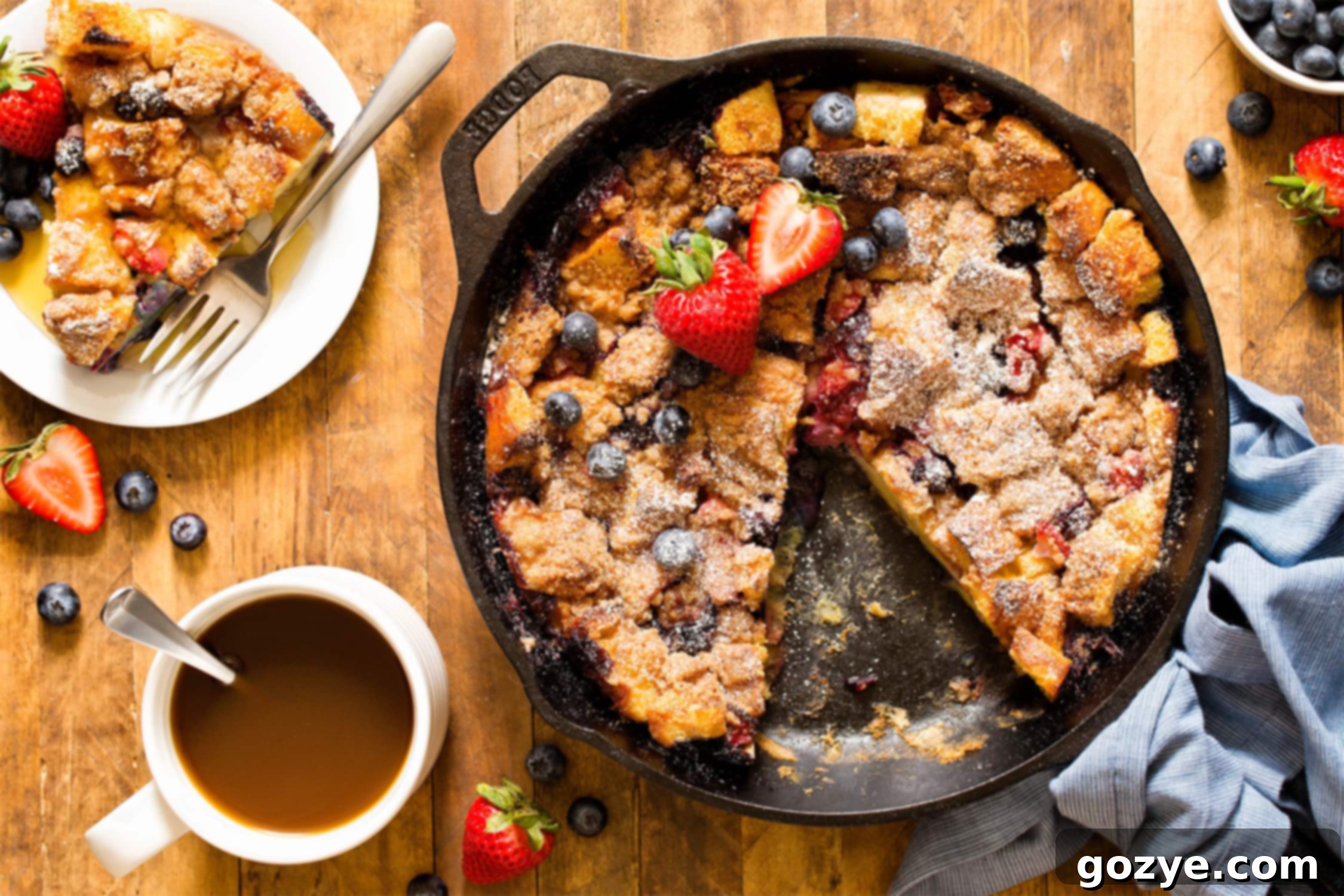 Cozy French Toast Casserole for Two 7 A close-up shot of a perfect slice of overnight French toast casserole with berries and powdered sugar