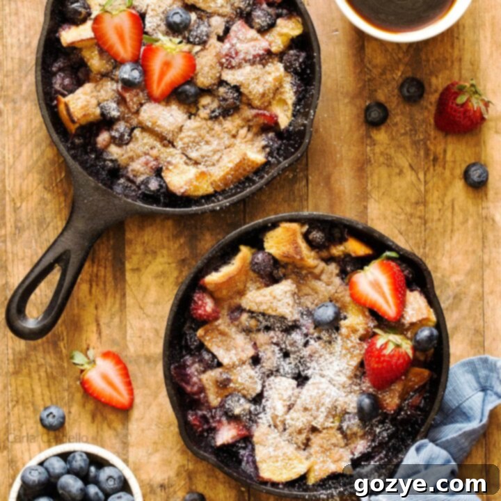 Cozy French Toast Casserole for Two 8 Overnight French Toast Casserole For Two with berries in a cast iron skillet