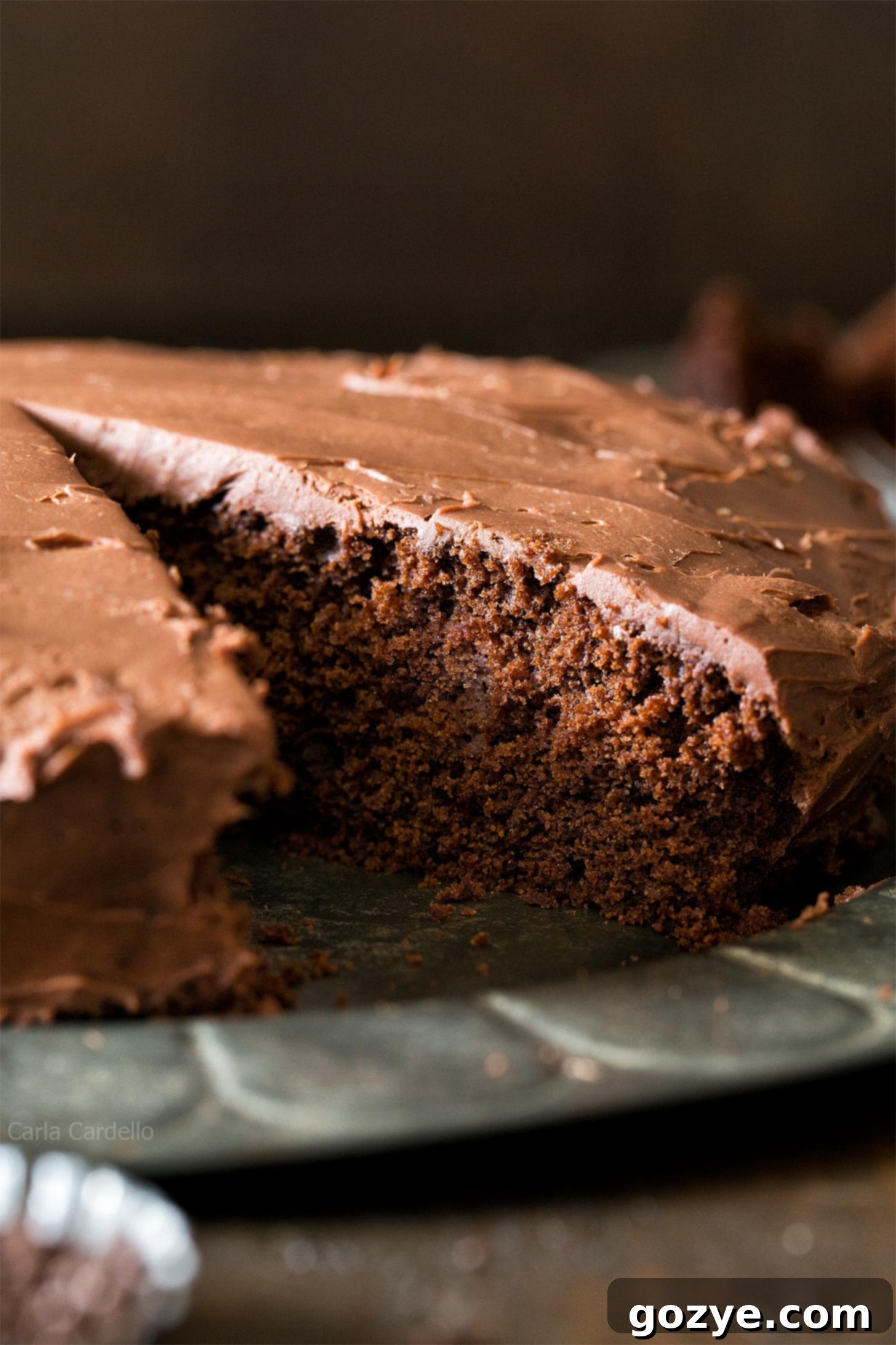 Close up of one layer chocolate cake