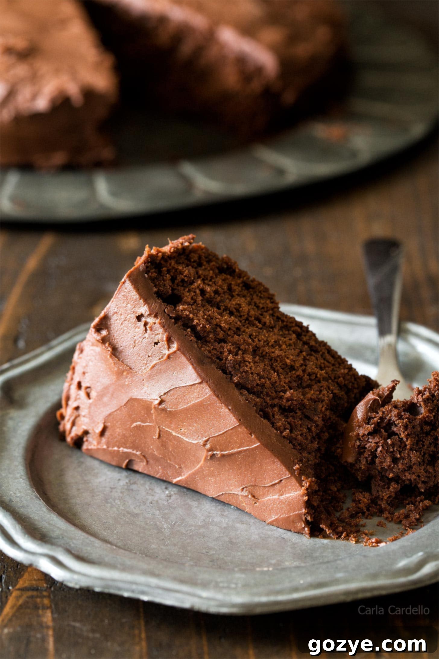 Slice of single layer chocolate cake