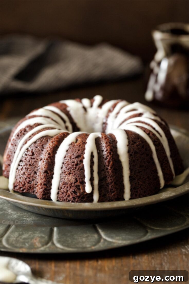 Small chocolate Bundt cake with glaze