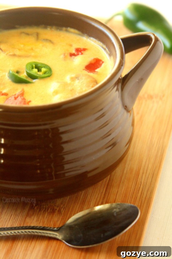 Roasted Jalapeno Soup kicks dinner up a notch, showcasing its creamy texture