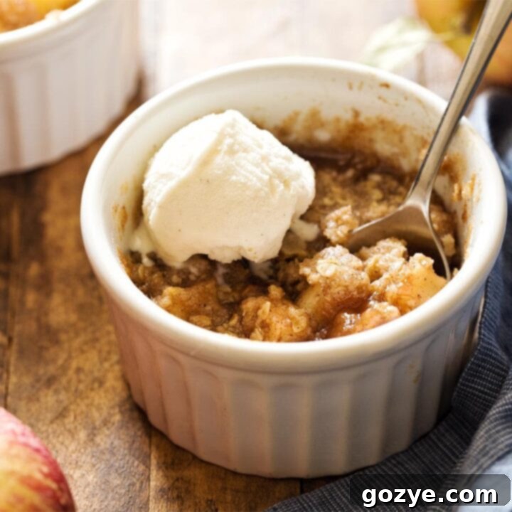 Mini apple crisp with scoop of ice cream, showing a golden brown topping and soft apple filling, perfect for a small batch dessert.
