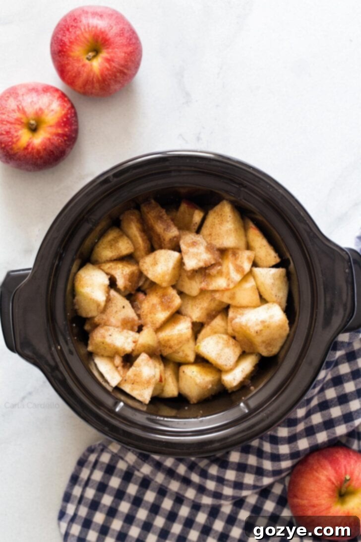 Chopped apples, seasoned with spices and sugars, placed inside a small slow cooker, ready for cooking.