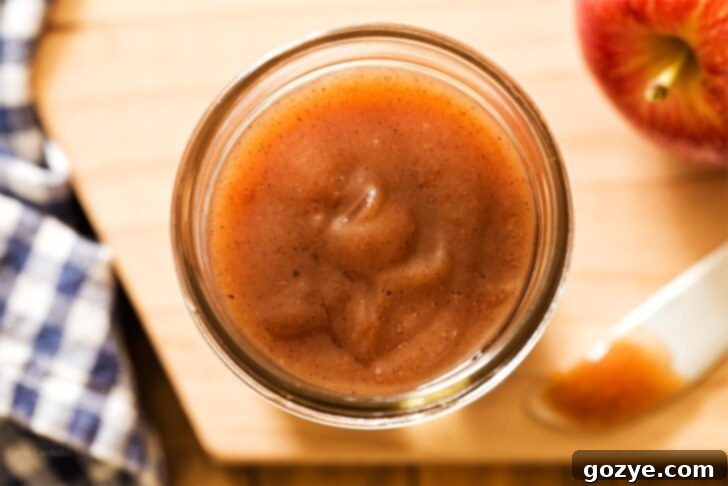 Close-up of a jar filled with homemade apple butter, showcasing its rich color and inviting texture.