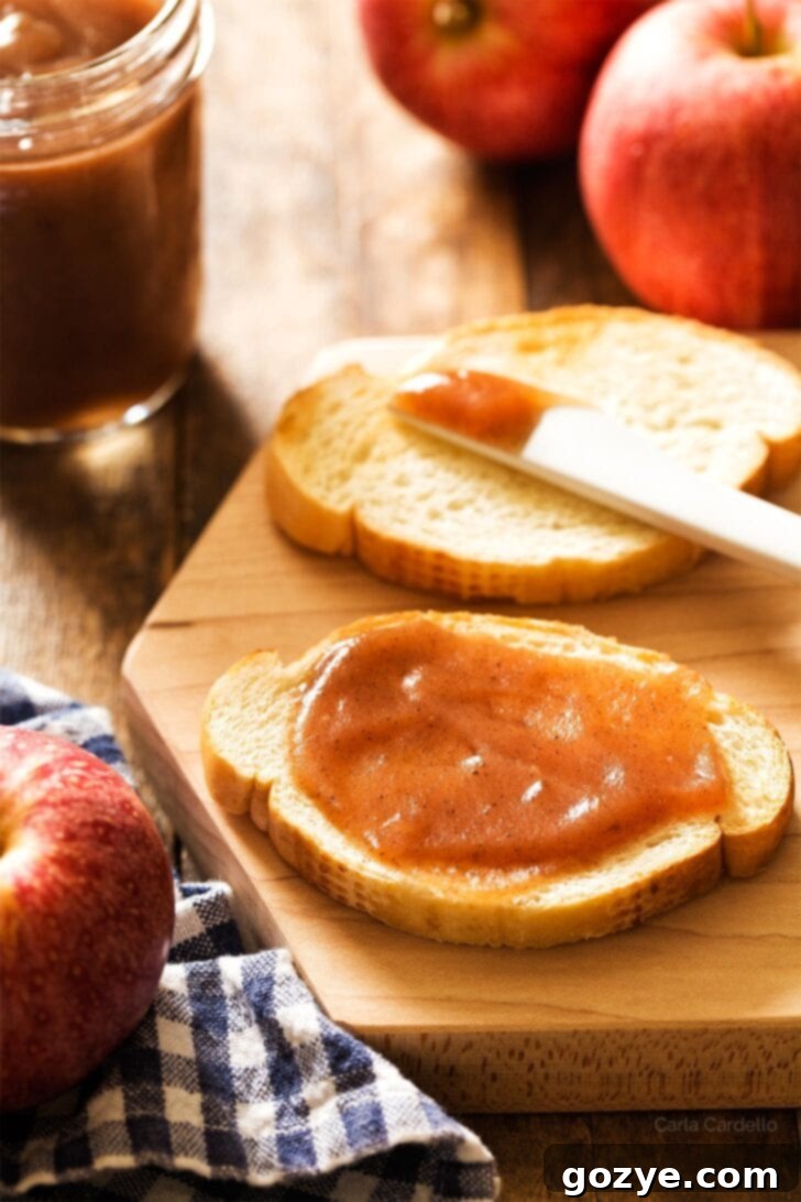 A slice of toast generously spread with homemade apple butter, ready to be enjoyed.