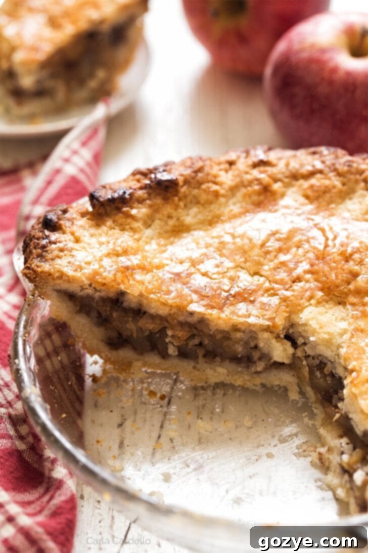 A freshly baked 6-inch apple pie, golden brown and glistening, in its pie plate.