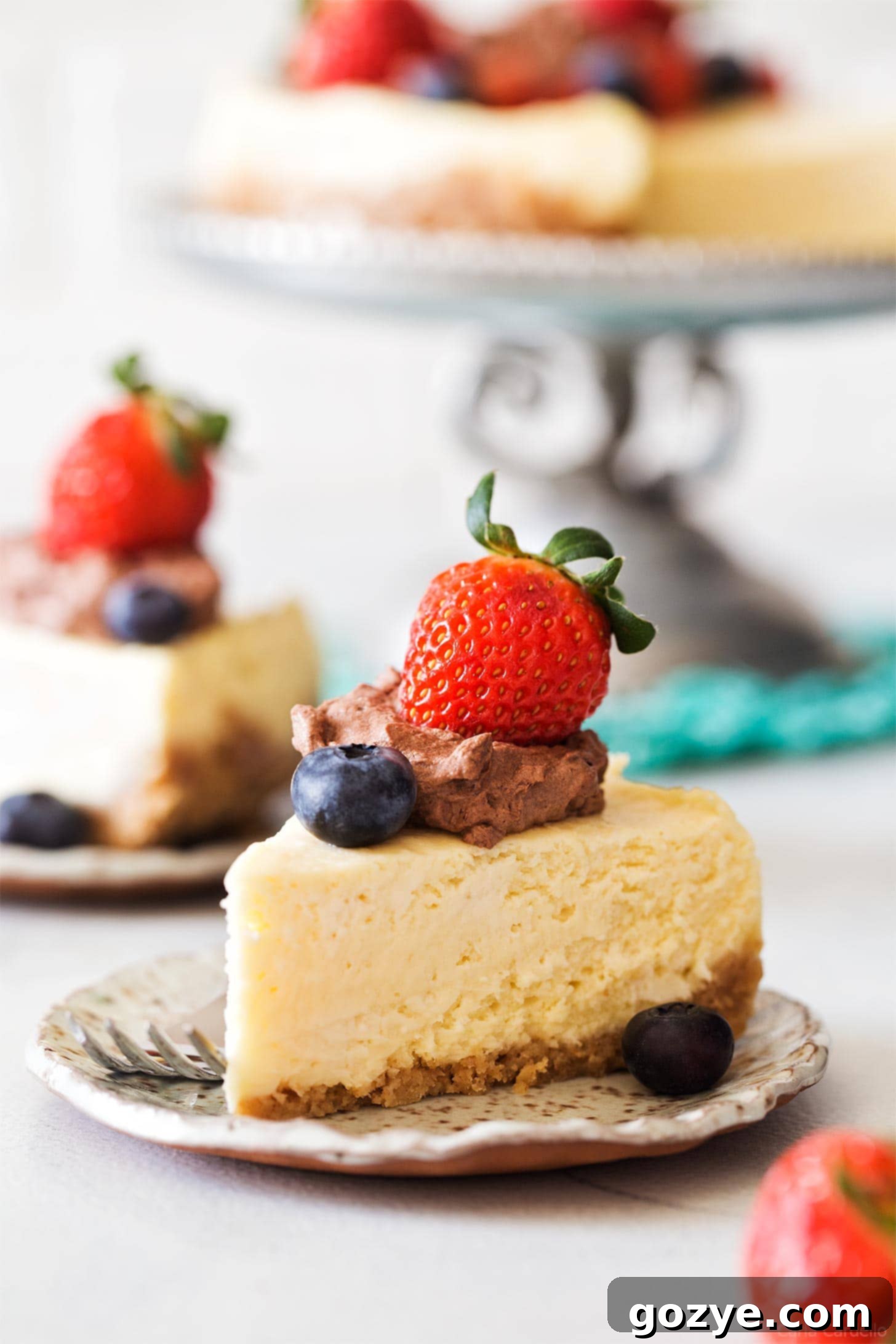 A beautiful slice of pressure cooker cheesecake, showing its creamy texture.