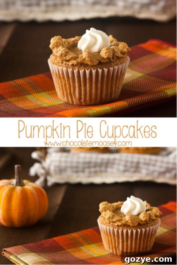 Collage of various pumpkin pie cupcakes, showcasing different decorations and angles.