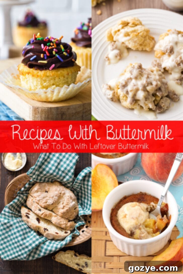 Recipes with buttermilk collage showing various dishes like pancakes, waffles, and cakes.