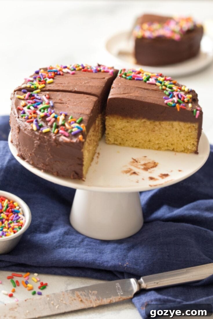 A small 6-inch yellow cake with chocolate frosting.