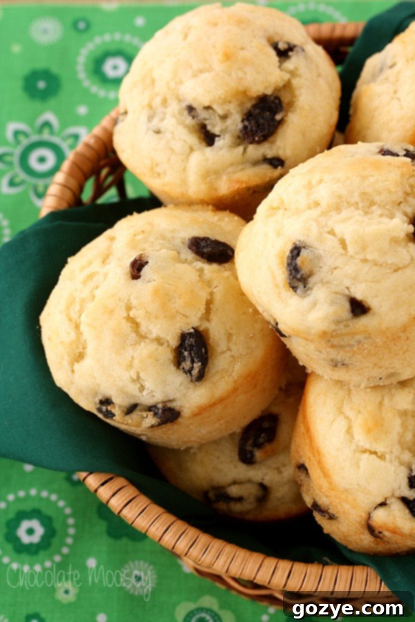 A batch of moist Irish soda bread muffins with raisins.