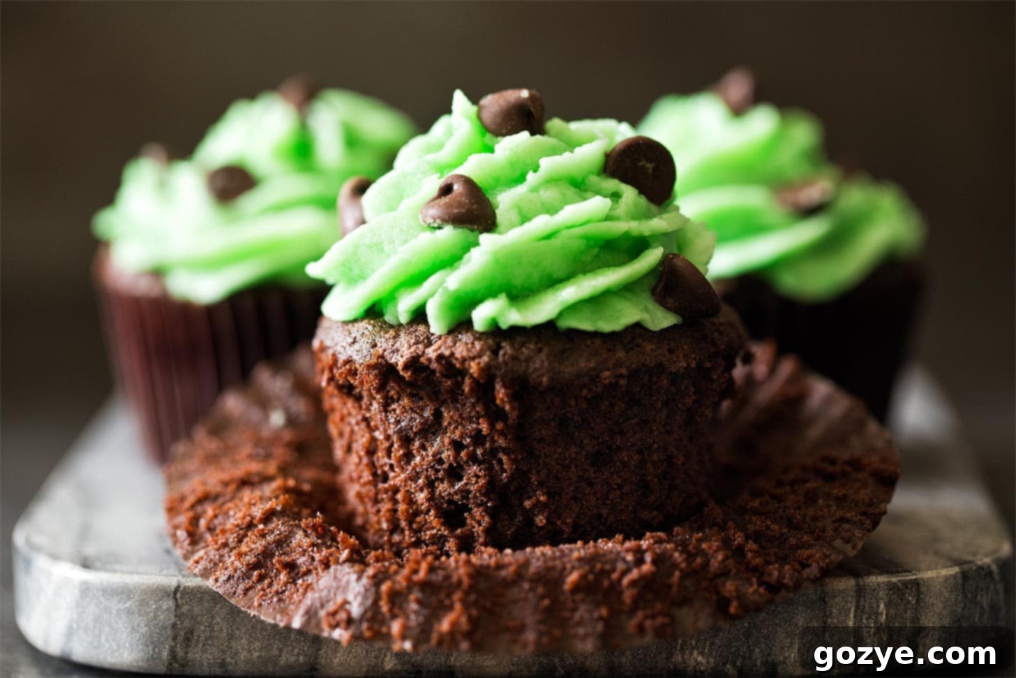 Chocolate cupcakes beautifully topped with mint buttercream frosting.