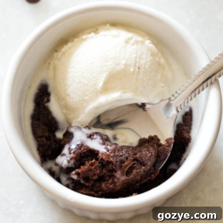 Microwave Brownie with vanilla ice cream in ramekin