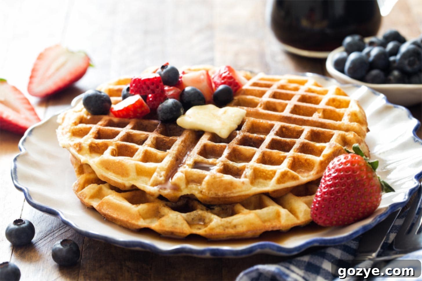 Perfect Waffle Pair 9 Two buttermilk waffles stacked with butter and syrup