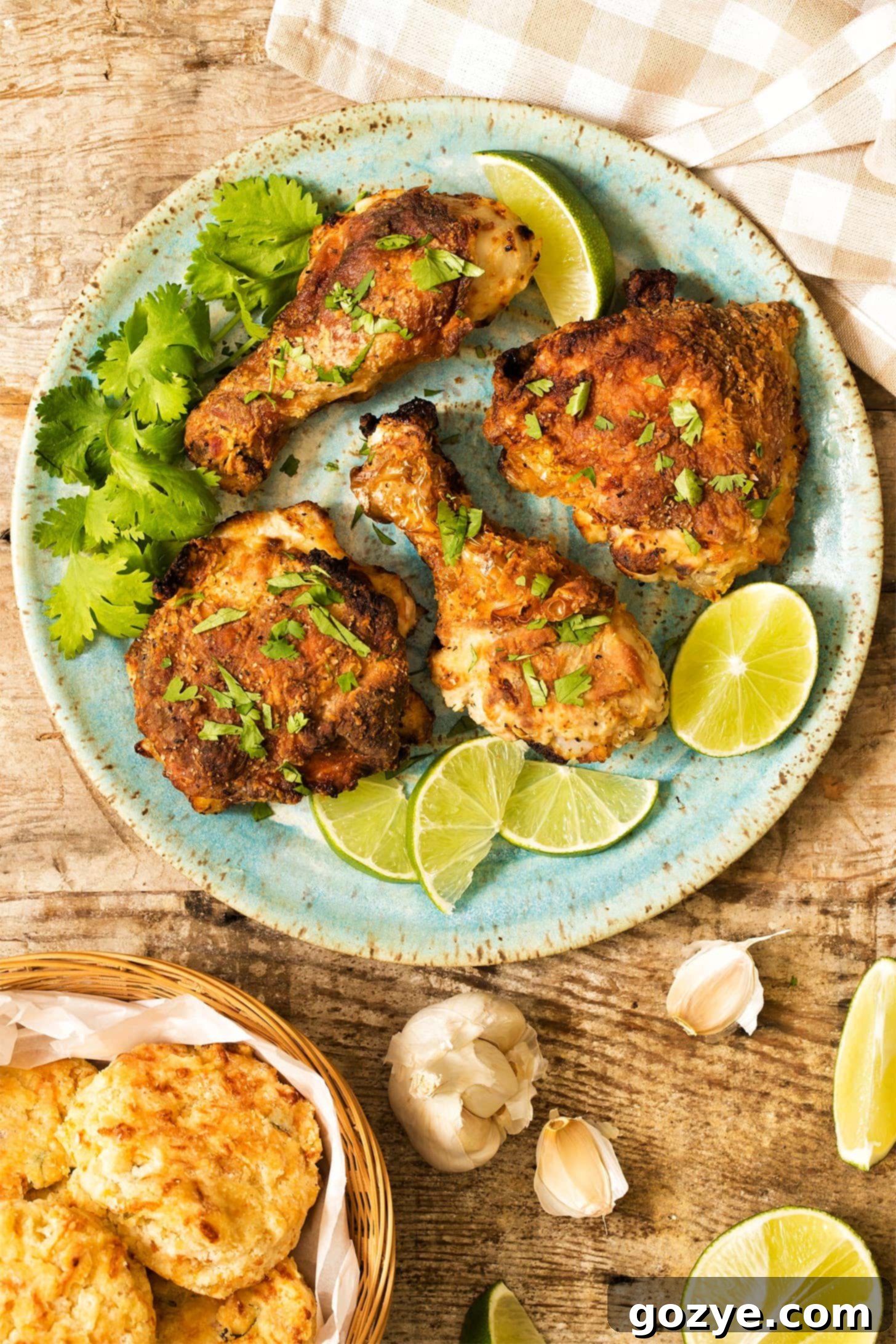 Air Fryer Fried Chicken made with legs and thighs, showing the crispy texture