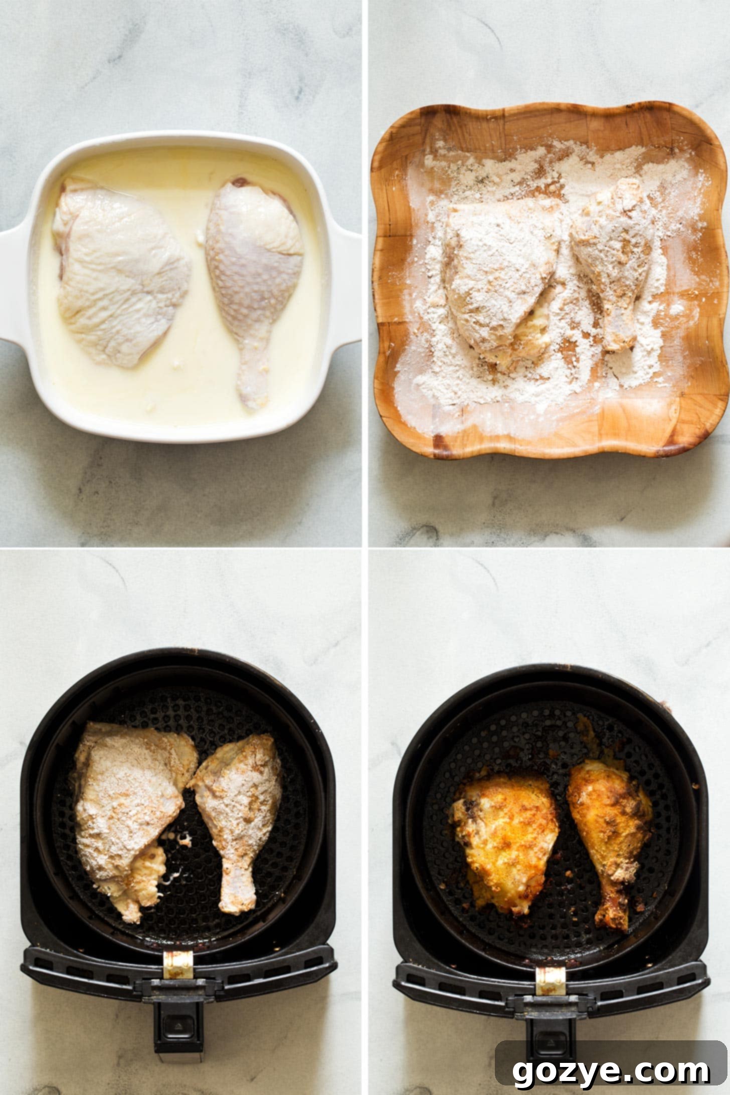 Steps for making air fryer fried chicken, showing the chicken being breaded
