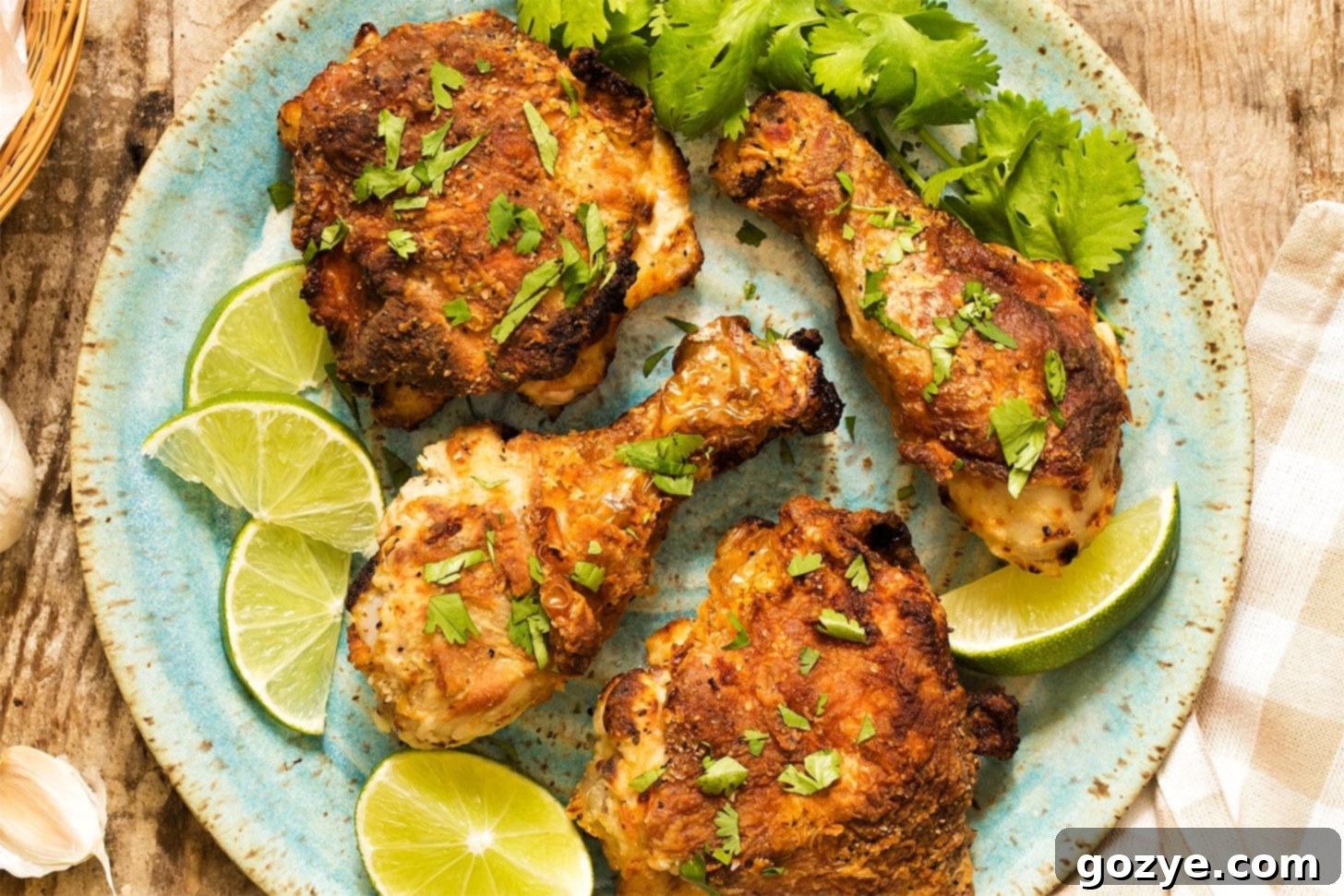 Air fried chicken on a blue plate, ready to be served