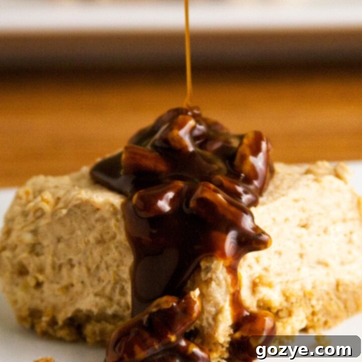Effortless Pumpkin Cheesecake Squares 8 Pouring praline sauce on top of pumpkin cheesecake bars