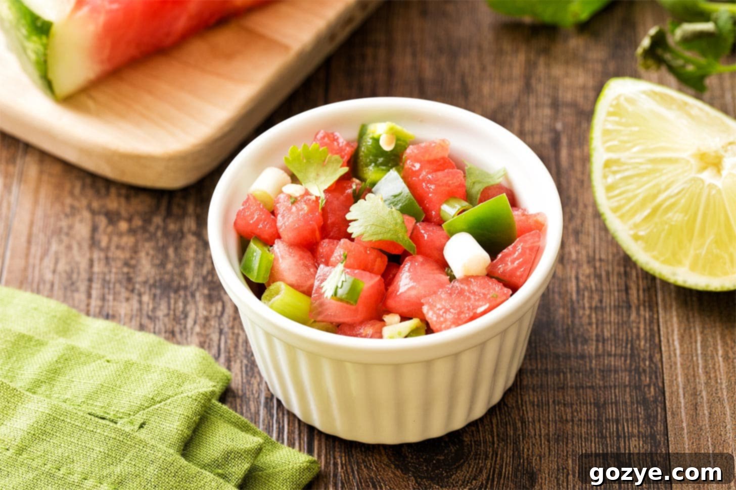 Watermelon fruit salsa in a small white bowl, showing vibrant colors and fresh ingredients