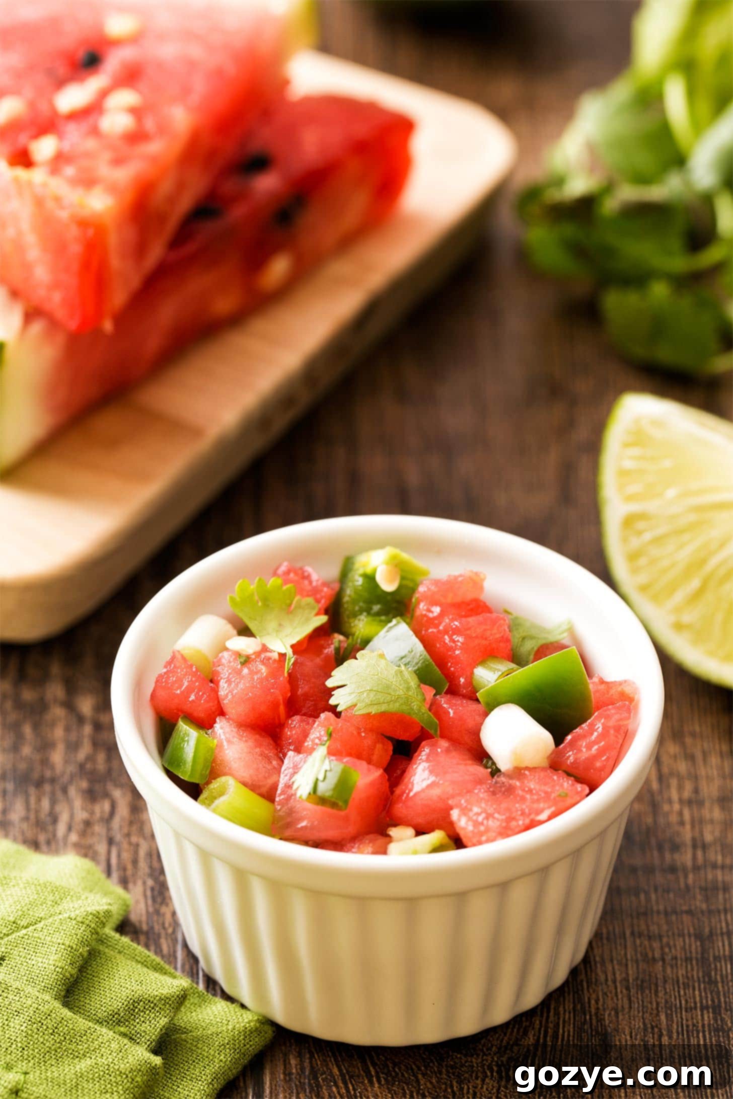 Watermelon Salsa in a large white bowl, garnished with a lime wedge and cilantro sprigs