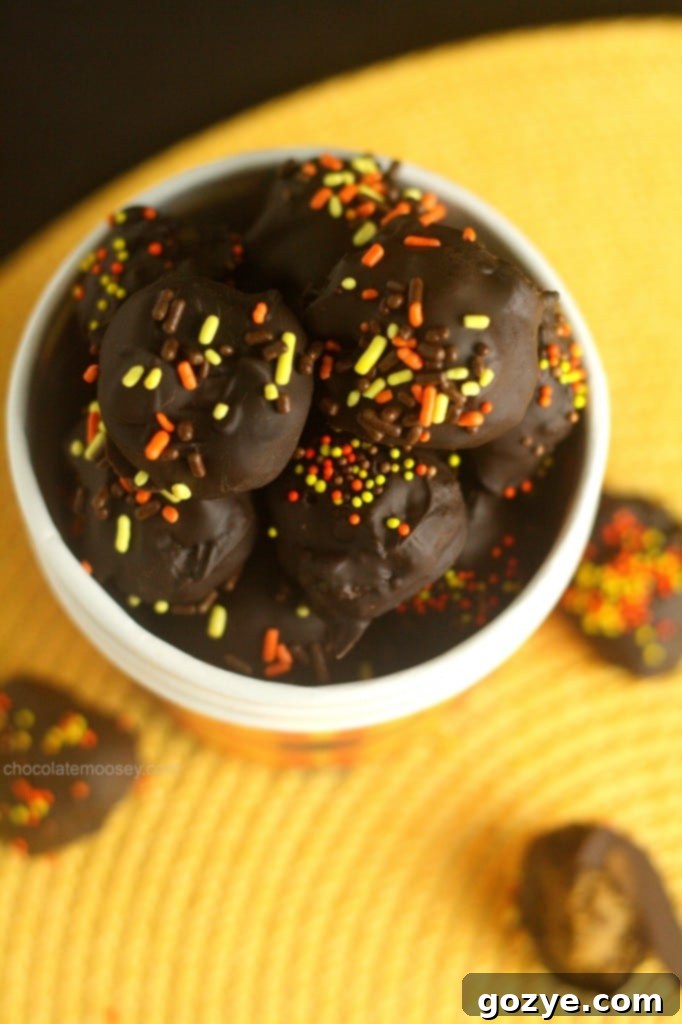 Pumpkin Gingersnap Truffles from www.chocolatemoosey.com A close-up of a single Pumpkin Gingersnap Truffle with a bite taken out, revealing the creamy pumpkin and gingersnap filling.