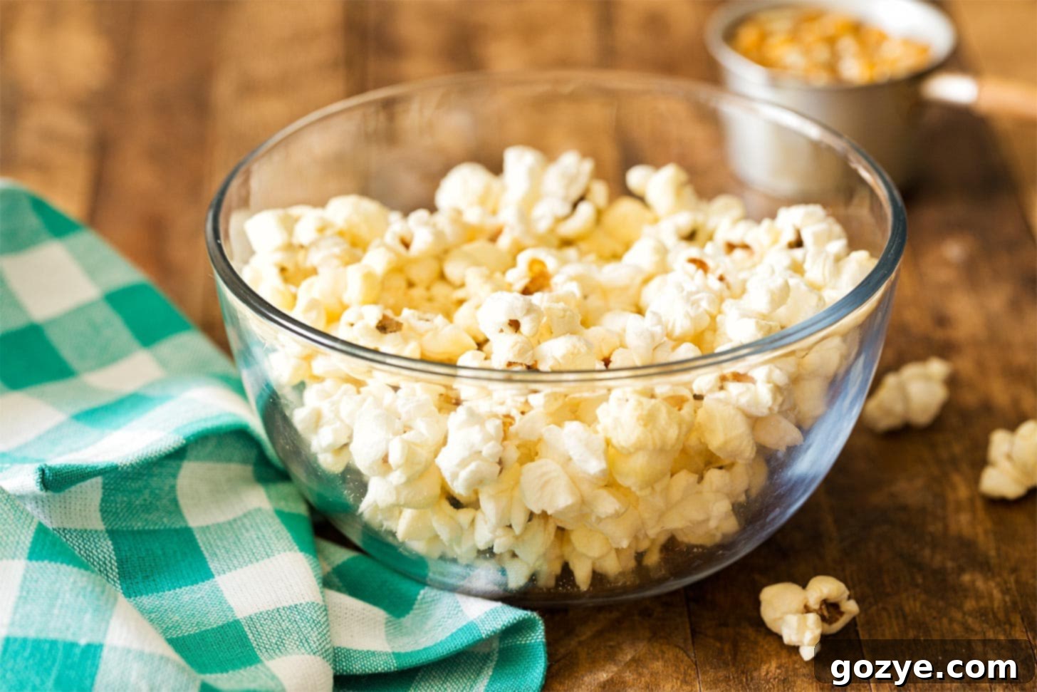 A glass bowl filled with a small batch of homemade popcorn, perfectly popped and ready for a single serving.