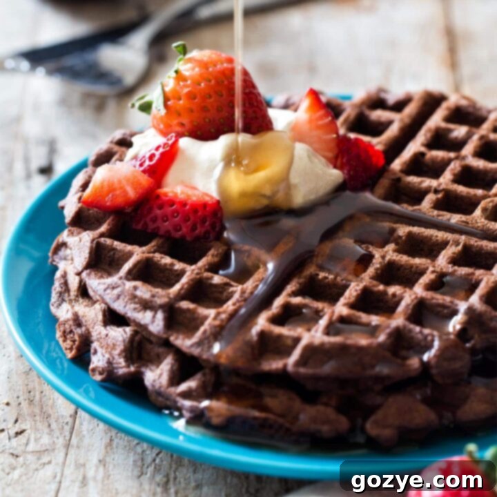 A beautifully composed photo of chocolate waffles, freshly made and ready to serve, with a focus on their rich color and texture.