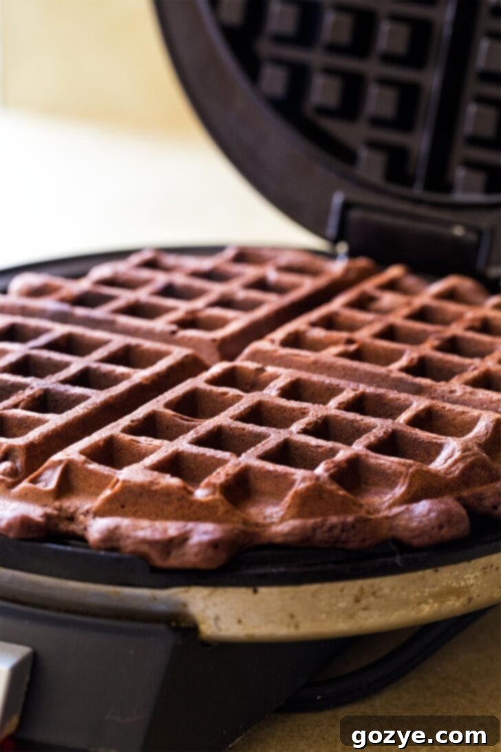 Close-up shot of rich chocolate waffle batter being carefully poured into a hot waffle maker, showing steam rising.
