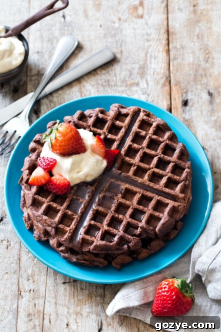 Chocolate waffles generously topped with homemade peanut butter whipped cream and a sprinkle of fresh strawberries, presented on a blue plate.