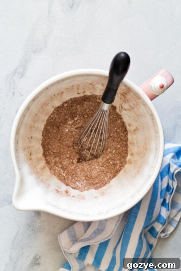 Close-up of a hand whisking together various dry ingredients, including flour and dark cocoa powder, in a spacious mixing bowl.