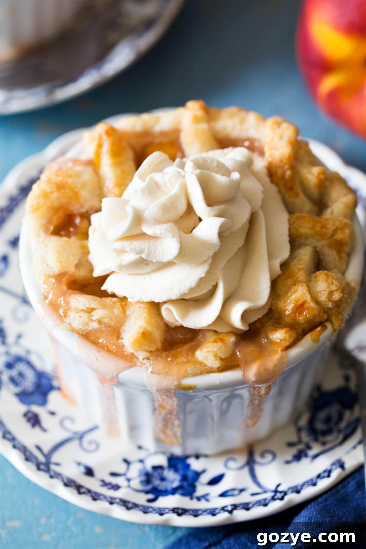 Close up of mini peach pie recipe in ramekin