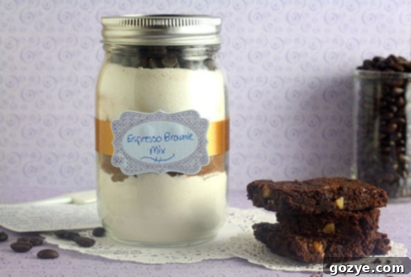 Espresso Brownie Mix in a Jar, ready for gifting or baking