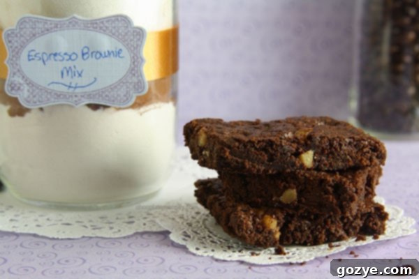 Close-up of Espresso Brownie Mix in a jar, showing layers of ingredients