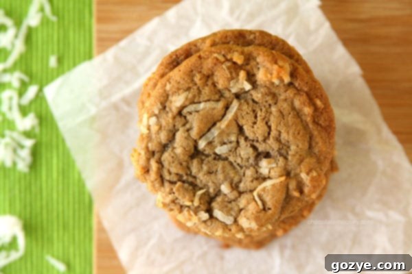 A stack of golden-brown Brown Sugar Cinnamon Coconut Cookies, showcasing their appealing texture.