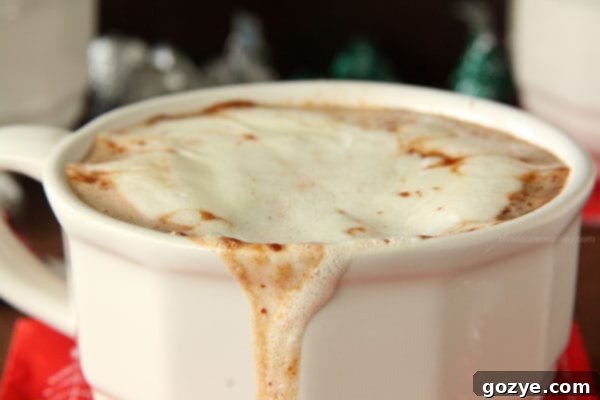 A second mug, this one featuring Mint Truffle Hot Chocolate with a generous topping of Marshmallow Whipped Cream and chopped Kisses.
