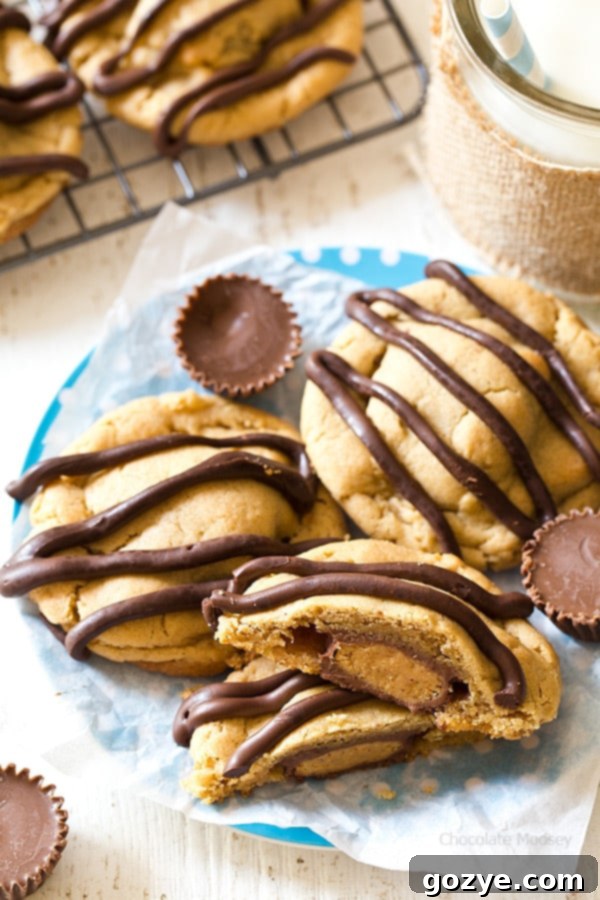 What's better than a single peanut butter cookie? Double Peanut Butter Surprise Cookies stuffed with a peanut butter cup and drizzled with chocolate on top.