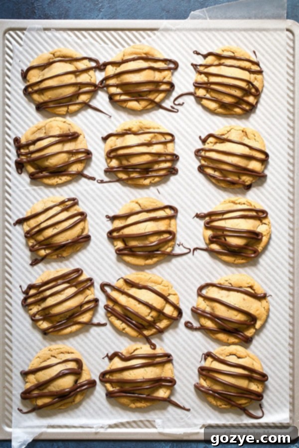 What's better than a single peanut butter cookie? Double Peanut Butter Surprise Cookies stuffed with a peanut butter cup and drizzled with chocolate on top.