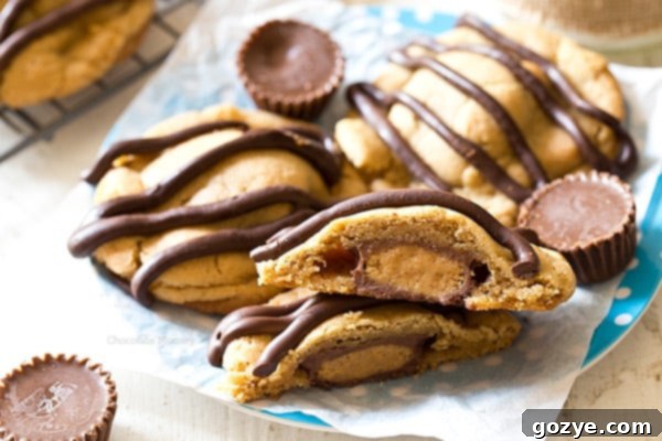 What's better than a single peanut butter cookie? Double Peanut Butter Surprise Cookies stuffed with a peanut butter cup and drizzled with chocolate on top.