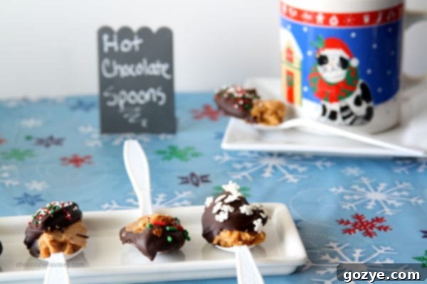Hand holding a Chocolate Peanut Butter Hot Chocolate Spoon over a mug of hot milk