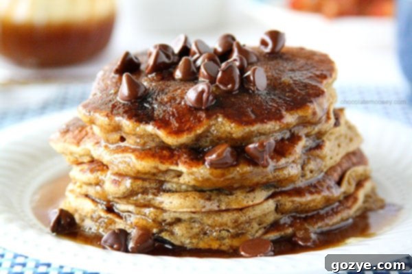 Close up of a stack of chocolate chip pancakes