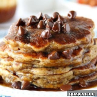 Close up of a stack of chocolate chip pancakes