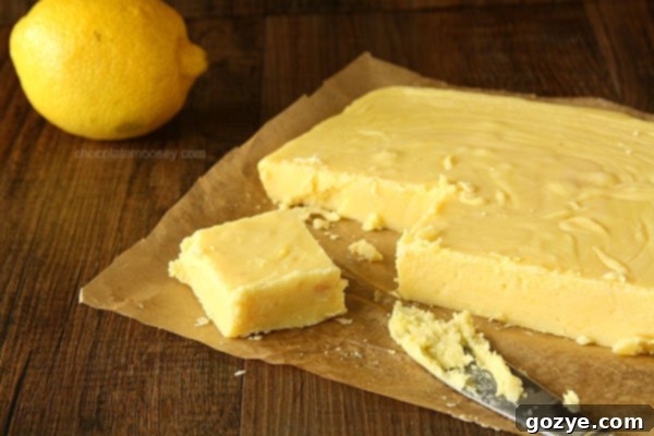 Creamy Lemon Fudge from www.chocolatemoosey.com A few pieces of creamy lemon fudge resting on a cooling rack, freshly cut and ready.