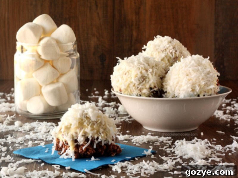 Giant Rice Crispy Treat Snowballs 2 Deliciously oversized chocolate coconut Rice Crispy Treat Snowballs, perfectly round and ready to eat