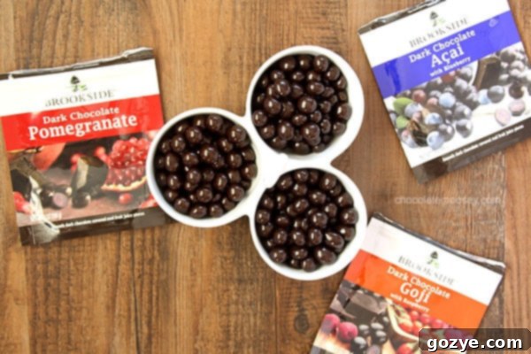 Close-up of Brookside Dark Chocolate with exotic fruit centers
